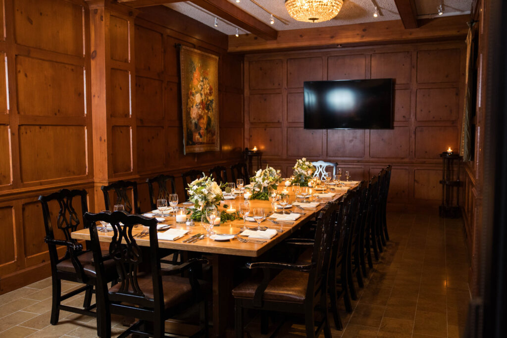 Palmer Room elopement decor and table settings at the O.Henry Hotel in Greensboro