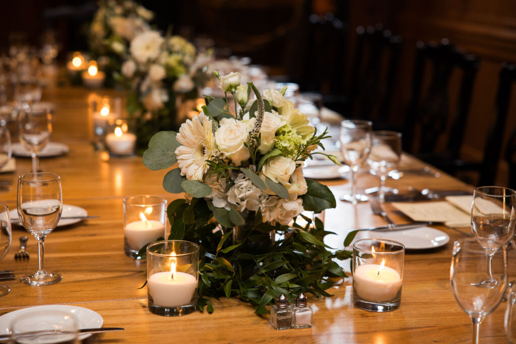 flowers on display on a table in the Palmer Room at O.Henry Hotel for an elopement