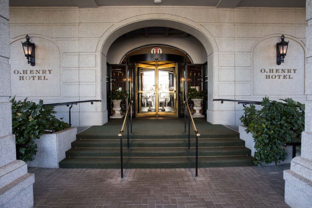 front entrance of the O.Henry Hotel in Greensboro makes an amazing elopement photo location