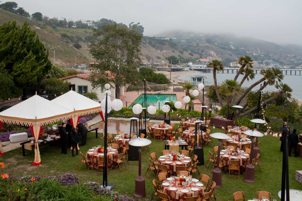 stylish outdoor wedding reception setup at the adamson house in malibu from above