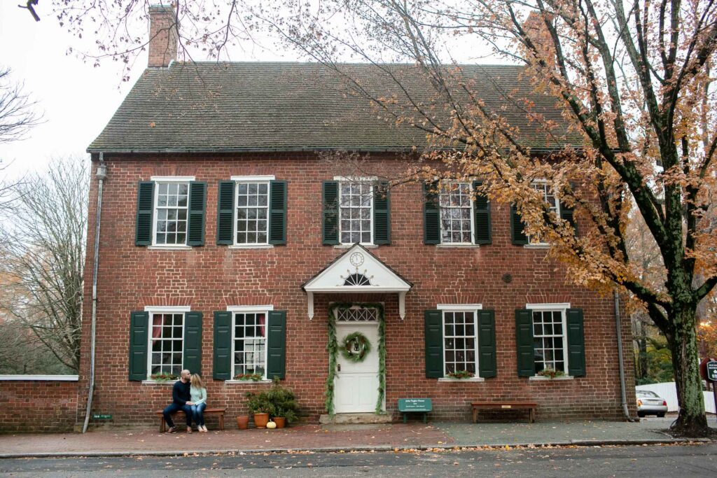 Old Salem engagement session with historic buildings