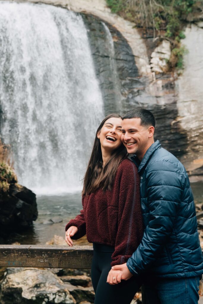 Surprise marriage proposal at Looking Glass Falls in Pisgah National Forest near Brevard, North Carolina