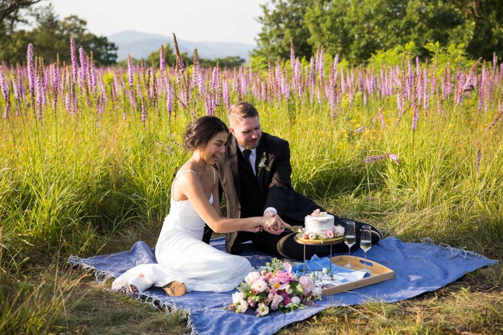 couple enjoying cake at their nc wildflower elopement