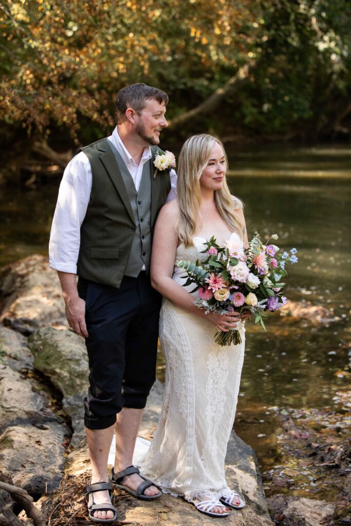 Bride and groom portraits during a Pilot Mountain State Park elopement surrounded by trees