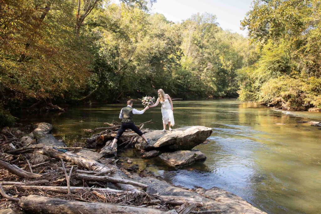 Hiking elopement photos in the foothills of North Carolina at Pilot Mountain State Park