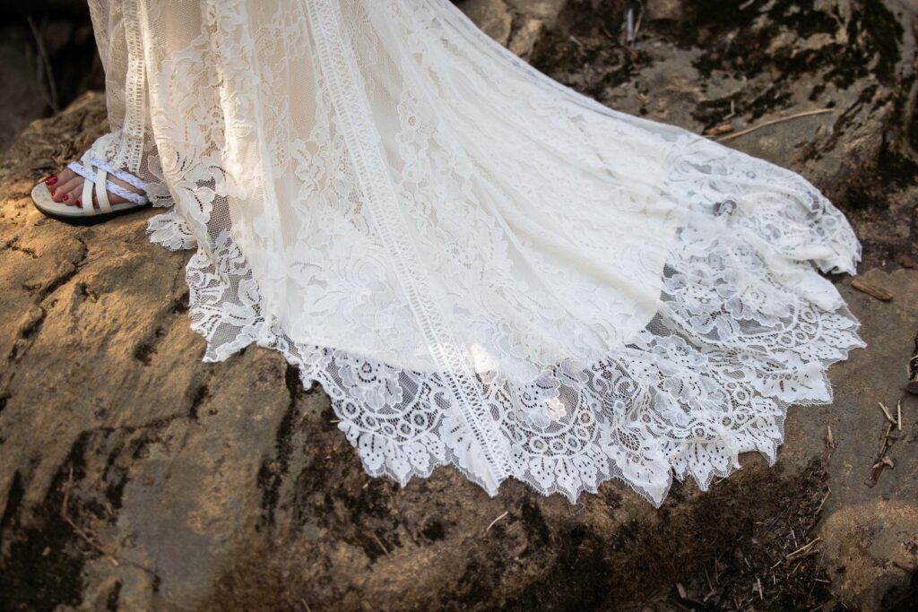 Bridal gown details during a Pilot Mountain State Park elopement in North Carolina