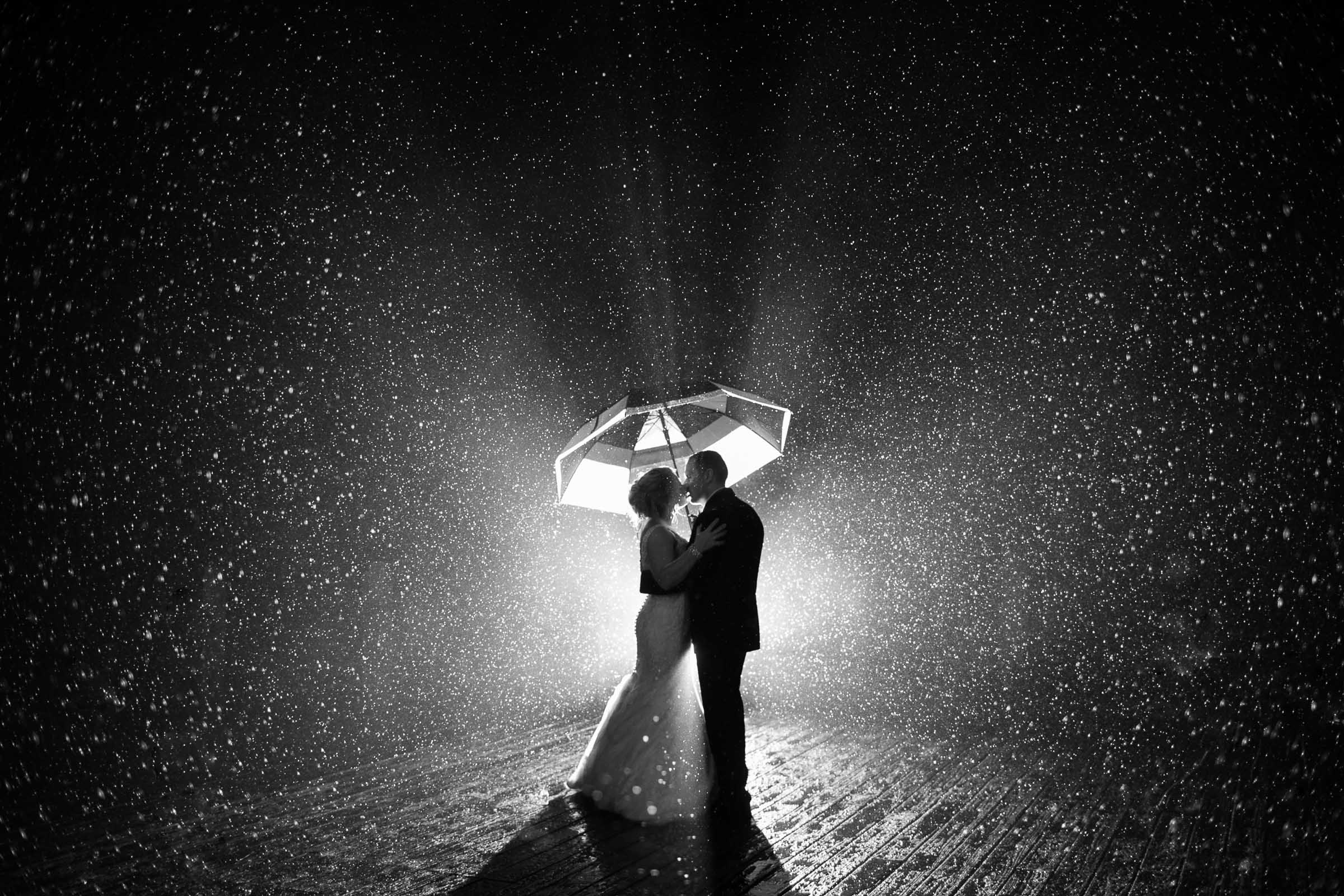 rainy wedding silhouette with a couple under an umbrella in north carolina