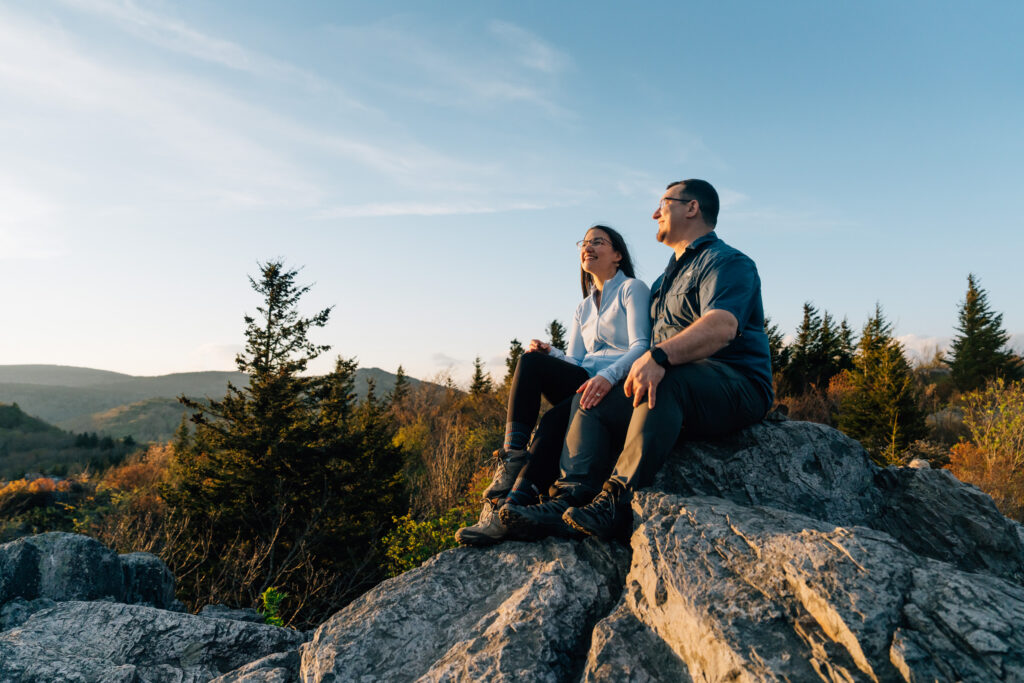 newly engaged couple at Grayson Highlands State Park after a hike and surprise proposal