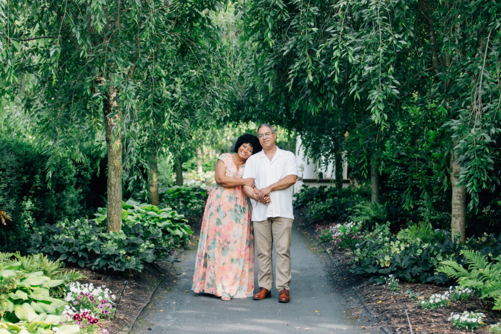 couple in Reynolda Gardens during vow renewal