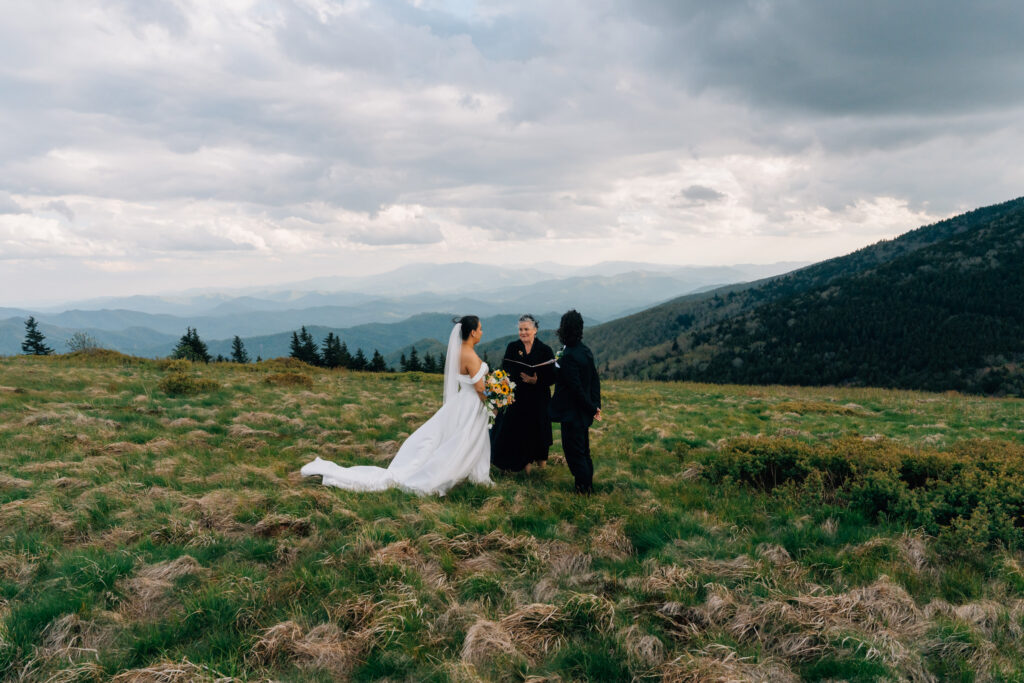 wide angle photo of a mountain elopement in the blue ridge mountains of nc during an intimate elopement ceremony