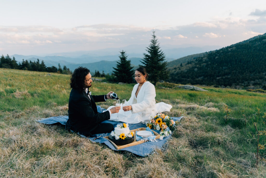 couple enjoys cake during their elopement at roan mountain