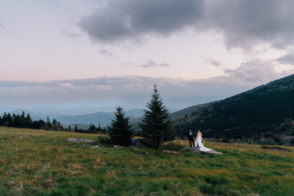 wide open landscape photo with a bride and groom at roan mountain